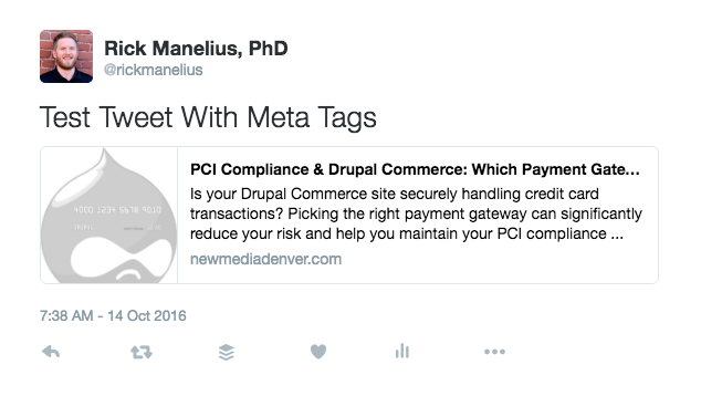 A tweet from a URL that contains meta tags.