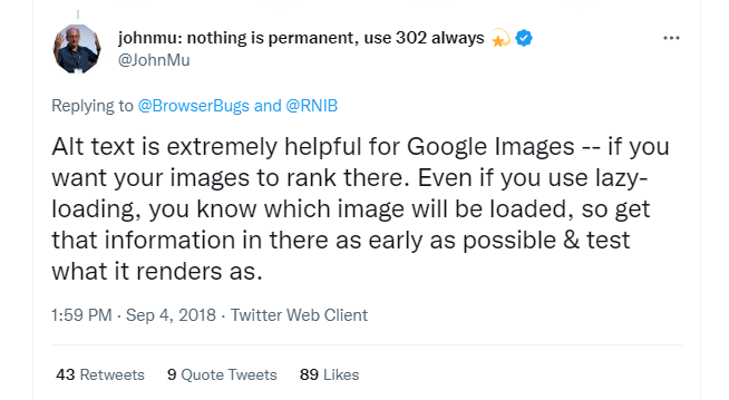 Twitter post from John Mueller from Google about alt texts